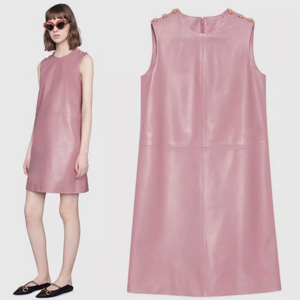 GUCCI Peony Blush Pink LEATHER Mod Retro Straight SHIFT DRESS